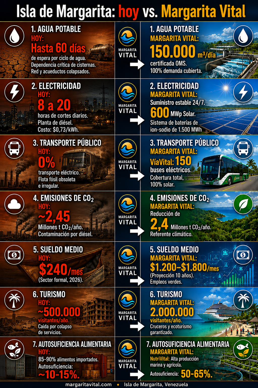 Isla de Margarita hoy vs Margarita Vital: comparativa de agua, energía, transporte, emisiones, sueldo, turismo y autosuficiencia